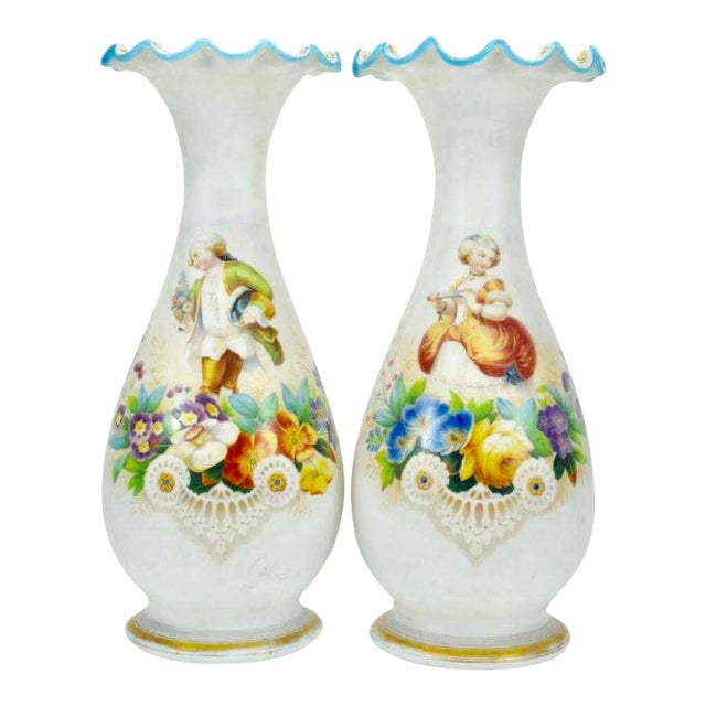 Antique Bristol Glass Satin Hand Painted Vases Set Of 2 - 