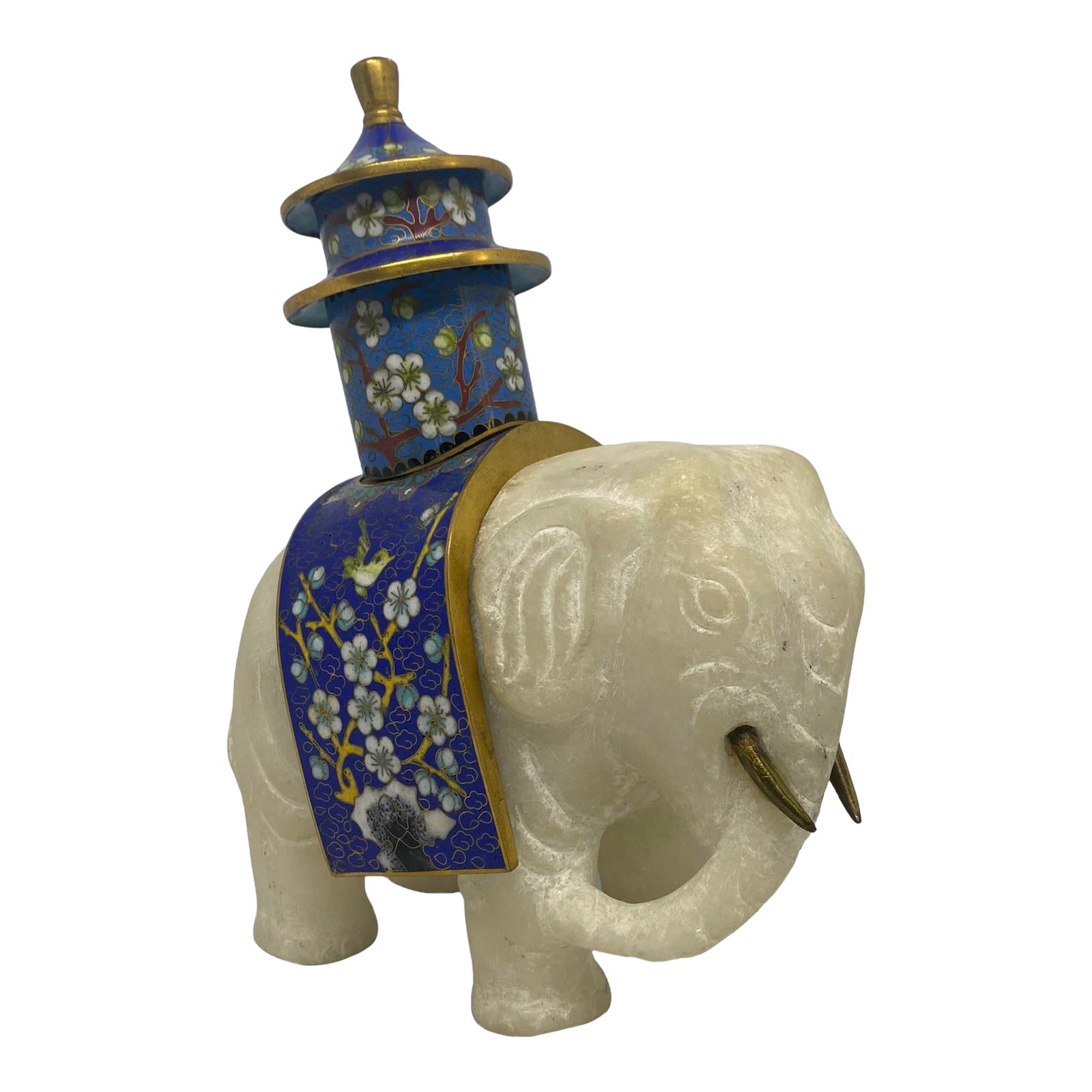 Vintage Japanese Carved Alabaster Elephant Figurine With Blue Cloisonné Ink Well With Cherry