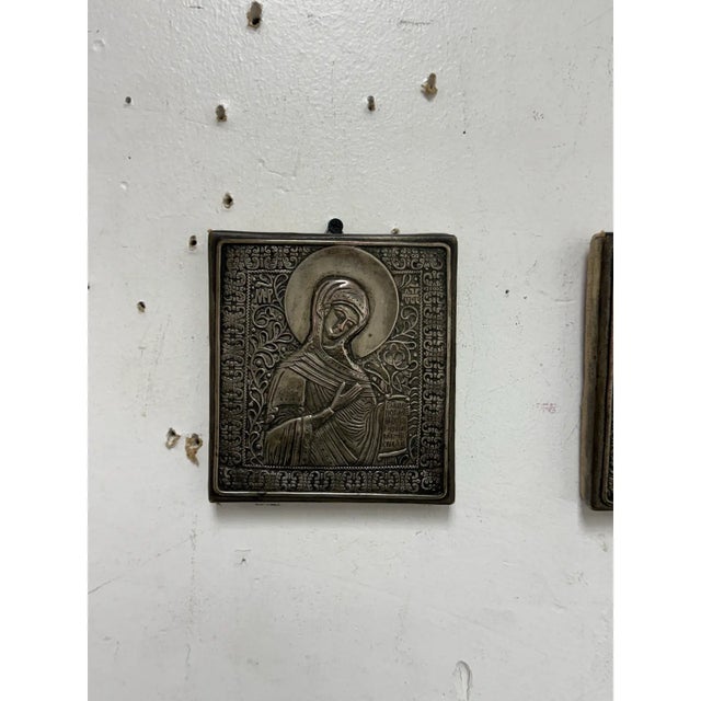 Orthodox Deesis Silver Embossed Panels of the Virgin Mary + Jesus Christ, Set of Two For Sale - Image 10 of 12