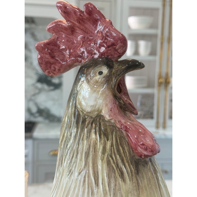2000 - 2009 Italian Figurative, Mid Century, One of a Kind XL Handcrafted ,Hand Painted , Ceramic ,Porcelain ,Tin Glaze Rooster For Sale - Image 5 of 6