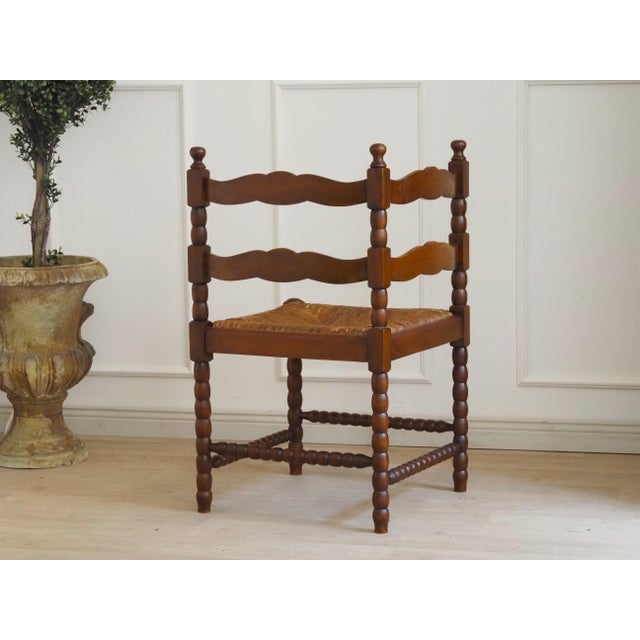 Vintage Corner Chair in Turned Wood with Carved Straw Seat For Sale - Image 6 of 7