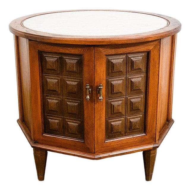 1960s Mid Century Modern Side Table End Nightstand Round Travertine Top Door Vintage For Sale