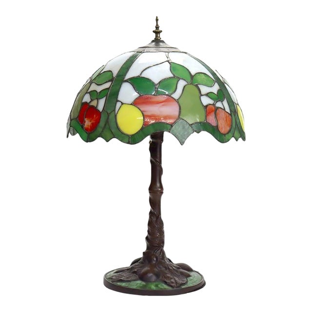 Arts & Crafts Leaded Stained Glass Table Lamp With Fruit Design, Early 20th Century For Sale