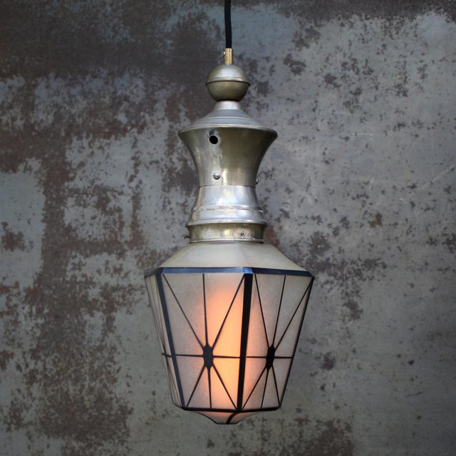 1920s Art Deco pendant lamp Matte glass with black illustrated pattern Brass nickel-plated gallery, glass holder E27 / E26...