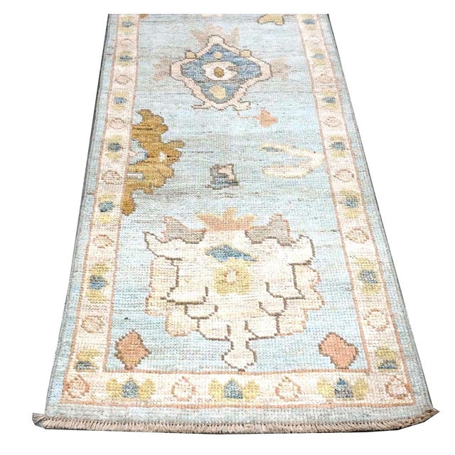 Traditional 21st Century Turkish Oushak Wool 2x10 Light Blue, Yellow & Ivory Handmade Runner Rug #1144116 For Sale - Image 3 of 11