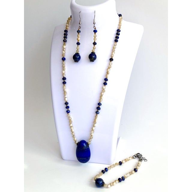 Modern Artisan Lapis Lazuli & Mother of Pearl Sterling Silver Three Piece Jewelry Parure Set For Sale - Image 3 of 9