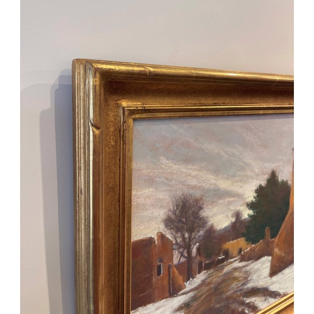 Rustic Quiet Winter Walk by Lorenzo Chavez | Pastel depicting a snow-covered village road with buildings. For Sale - Image 3 of 4