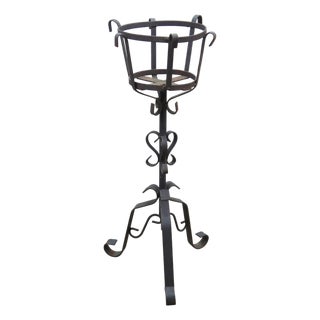 Vintage Brutalist Gothic Wrought Iron Plant Stand Scroll Tripod Pot Holder 24" For Sale