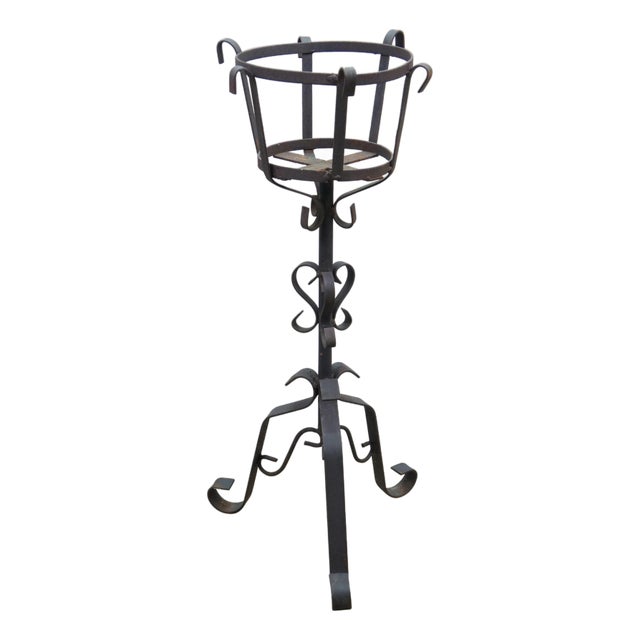 Vintage Brutalist Gothic Wrought Iron Plant Stand Scroll Tripod Pot Holder 24" For Sale
