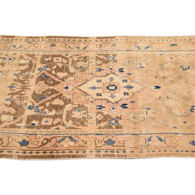 1960s Vintage Distressed Handmade Medallion Beige Wool Runner For Sale - Image 4 of 9