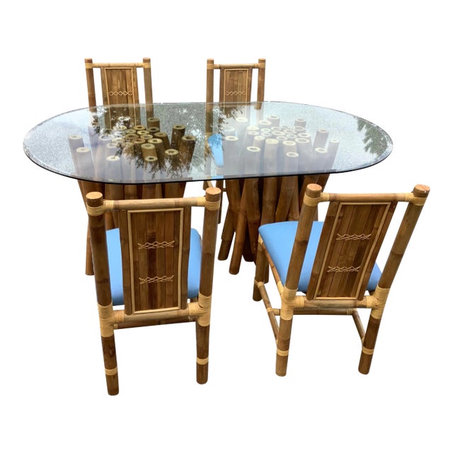 Vintage Boho Chic Glass and Bamboo Table Set - 5 Pieces For Sale