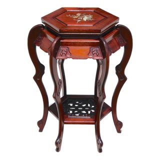 Vintage Chinese Rosewood Hexagonal Plant Stand / Pedestal With Mother-of-Pearl Inlay For Sale