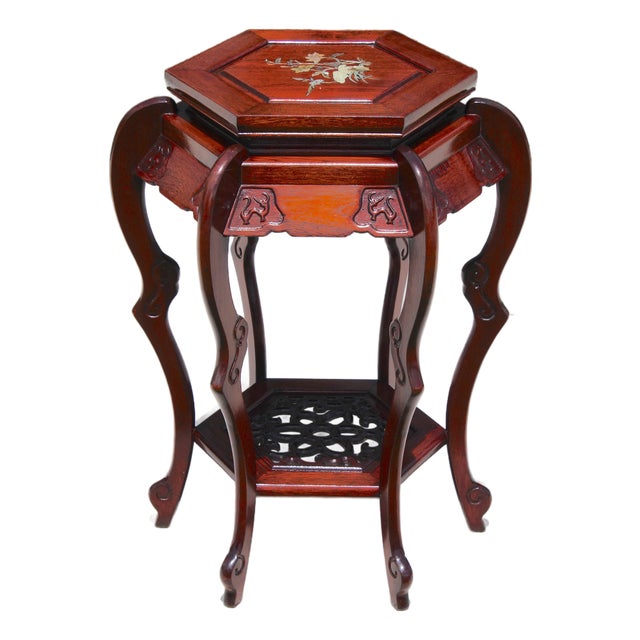 Vintage Chinese Rosewood Hexagonal Plant Stand / Pedestal With Mother-of-Pearl Inlay For Sale