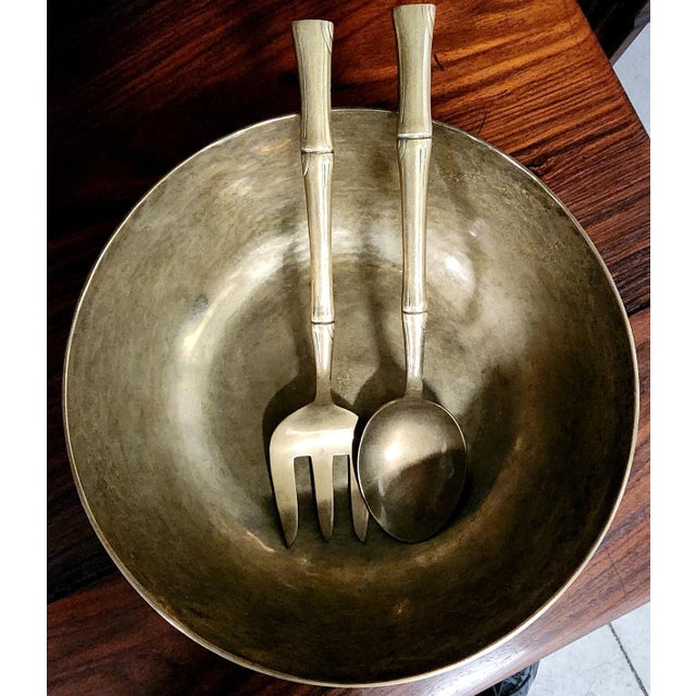 Beautiful Handmade Thai Polished Bronze Bowl & Polished Bronze Utensil Set - 3 Pc. Set For Sale In Los Angeles - Image 6 of 13