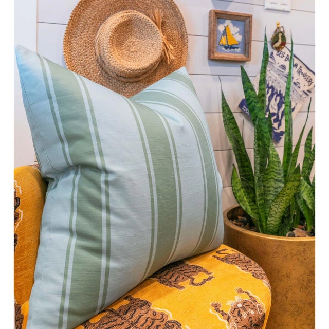 22" Riviera Stripe Pillow Cover in Powder Blue and Moss For Sale - Image 4 of 4