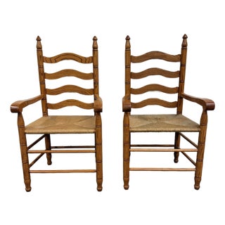 Vintage Country French Style Solid Oak Ladder Back Handwoven Rush Seat Armchairs For Sale