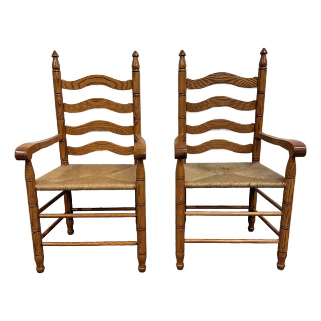 Vintage Country French Style Solid Oak Ladder Back Handwoven Rush Seat Armchairs For Sale