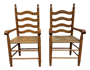 Vintage Country French Style Solid Oak Ladder Back Handwoven Rush Seat Armchairs