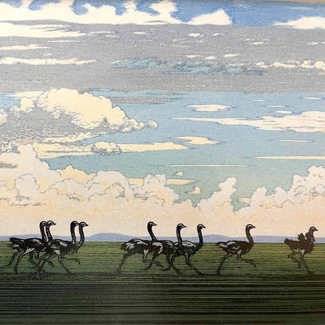 1980s "Running Ostrich" Japanese Woodblock Print by Yoshida Toshi Circa 1984 For Sale - Image 5 of 8