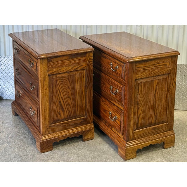 Chippendale Vintage Ethan Allen Oak Canterbury Nightstand/ Commode - A Pair For Sale - Image 3 of 12