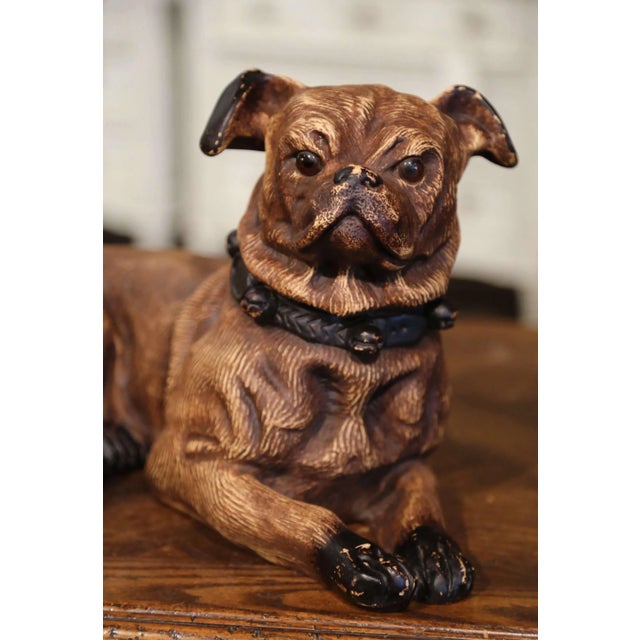 Figurative Mid-Century French Terracotta Pug Dog Sculpture With Glass Eyes For Sale - Image 3 of 12