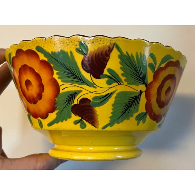 Antique Early 19th Century English Staffordshire Canary Yellow Bowl With Hand Painted Roses For Sale - Image 4 of 12