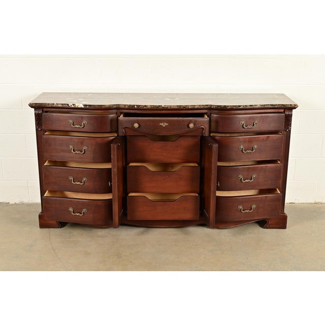 Late 20th Century Thomasville French Louis Philippe Carved Mahogany Marble Top Triple Dresser or Credenza For Sale - Image 5 of 14