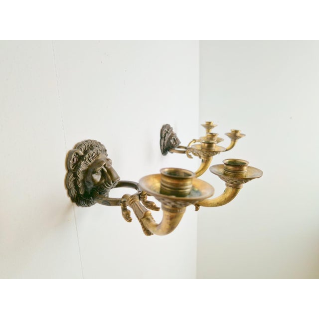 20th Century French Bronze & Brass Wall Sconces with Lion Heads, Set of 2 For Sale - Image 11 of 14