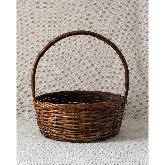 Vintage Handwoven Gathering Basket With Tall Handle For Sale In Los Angeles - Image 6 of 6