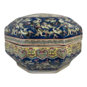 Antique Chinese Blue & White Porcelain Covered Serving Container (Storage / Gift Box) With Auspicious Cranes and Bats