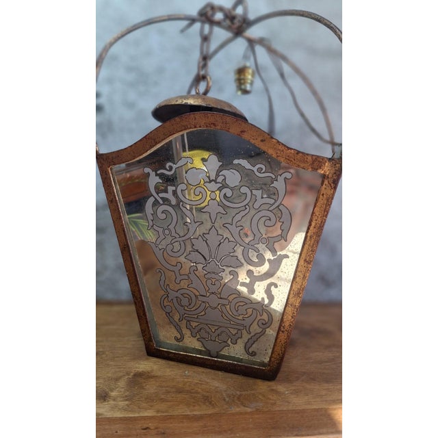 Napoleon III Hanging Lantern in Gilded Wrought Iron and Engraved Glass, 1800s For Sale - Image 9 of 10