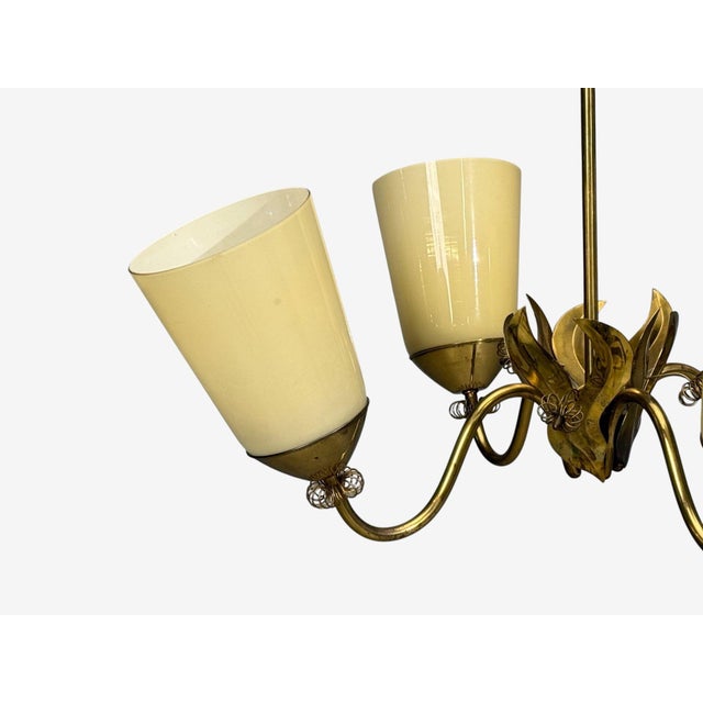 Metal 1950s Itsu Oy, Finnish Modern, Chandelier, Brass, Opal Glass For Sale - Image 7 of 13