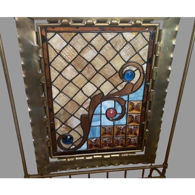 Glass Antique Victorian Jeweled & Leaded Stained Glass Fireplace Screen For Sale - Image 7 of 11