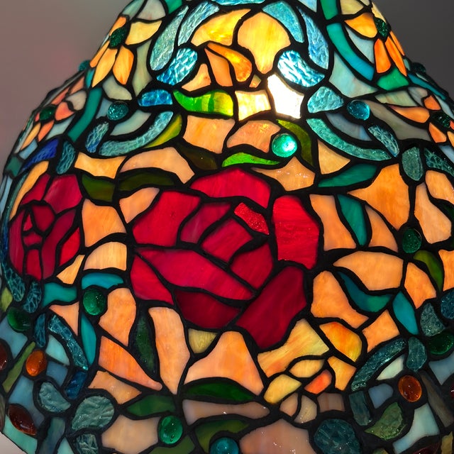 Vintage Art Nouveau Handcrafted Meyda Tiffany Style Rose Stained Glass Table Lamp For Sale - Image 4 of 12