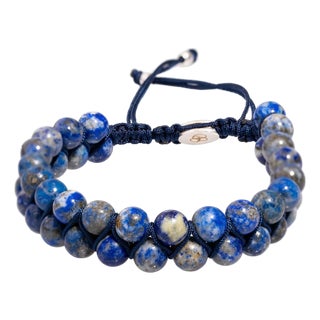Lapis Lazuli Stone Two Row Beaded Woven Striking Bracelet For Sale