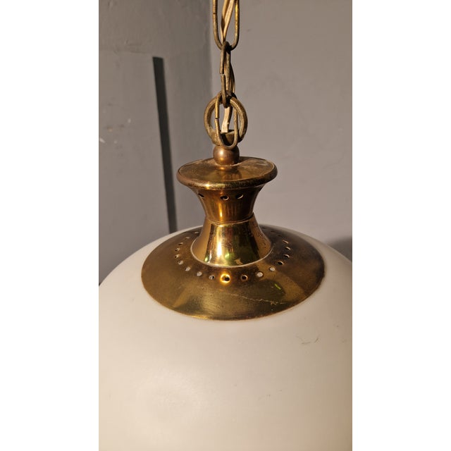 Mid-Century Modern Brass Chandelier with Apple-Shaped Milk Glass, 1950s For Sale - Image 3 of 9