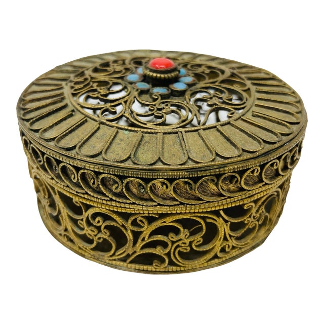 Collectible Gilt Metal Tibetan Box With Turquoise 1950s For Sale