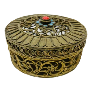 Collectible Gilt Metal Tibetan Box With Turquoise 1950s