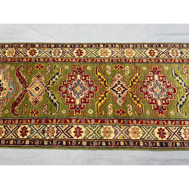Olive Green and Cream Kazak-Style Wool Runner Rug, Natural Dyes, 2'9" X 10' For Sale - Image 6 of 16