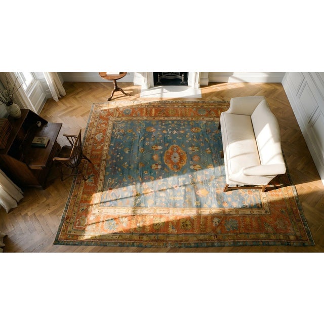 Marvelous Sky Blue Ground Color Medallion/Crest Pattern AntiqueTurkish Oushak Rug For Sale - Image 15 of 15