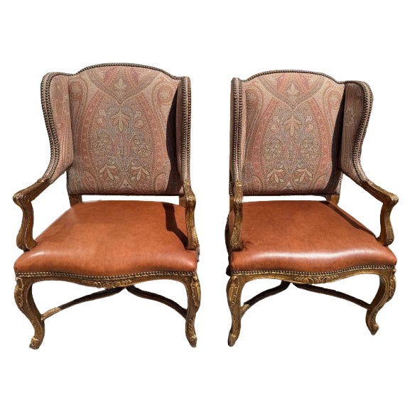 2000 - 2009 A Pair of Custom Ralph Lauren Wingback Lounge Chairs Upholstered in Leather and Paisley For Sale - Image 5 of 18