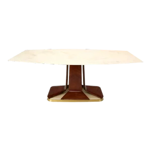 Boat Shape Light Beige Marble Top Bent Satinwood Base Art Deco Dining Table
