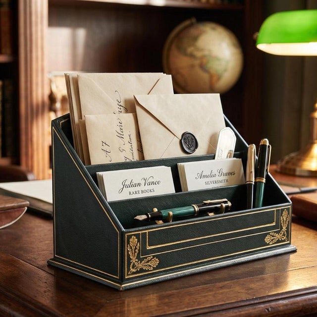 Three-tier letter holder dating to circa the 1960s, made from wood with a textured green leather-style covering and gold-...