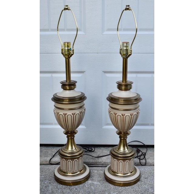 Vintage (1950's) Pair of Tables lamps have a Mid Century Hollywood Regency Style. Made by Stiffel. Brass Enamel Urn Table...