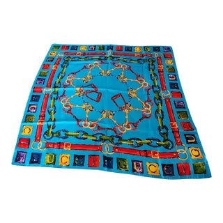 1990s Gucci Italian Blue Silk Scarf Equestrian Horse Bit For Sale