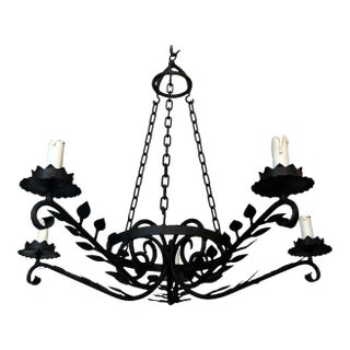 Wrought Iron Chandelier With 5 Arms Decorated With Leaves For Sale