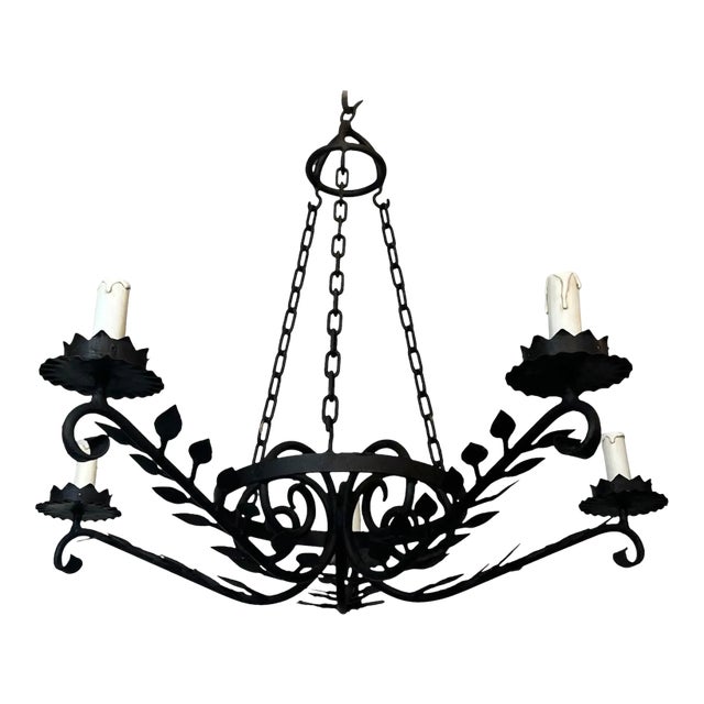 Wrought Iron Chandelier With 5 Arms Decorated With Leaves For Sale