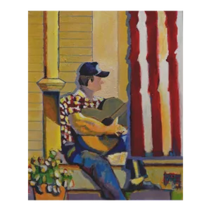 Man and His Guitar - Figurative Impressionist Oil Painting on Canvas by Michael William Eggleston