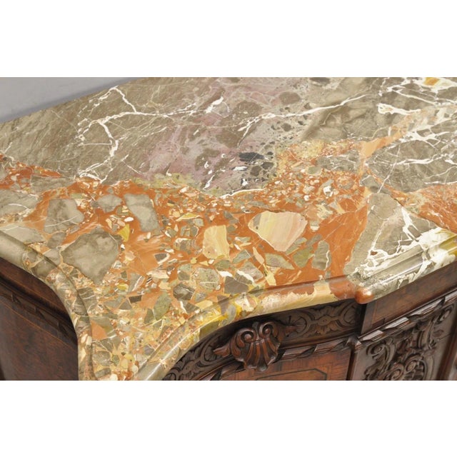 Antique French Louis XV Baroque Burl Walnut Marble Top Commode 5 Drawer Dresser For Sale - Image 15 of 16