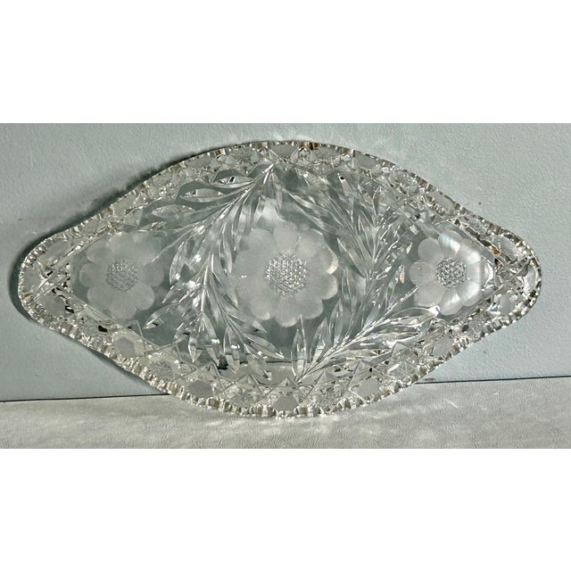 Vintage American Brilliant Period Cut Crystal Glass Oval Scalloped Edge Dish For Sale - Image 13 of 16